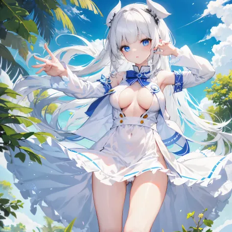 Anime girl wearing white dress，long white hair and blue eyes, azur lane style, Popular topics on artstation pixiv, guweiz on pixiv artstation, guweiz on artstation pixiv, white cat girl, anime goddess, From《Azur route》videogame, white-haired god, Highly de...