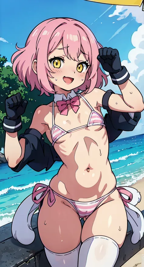 (Perfect body),Best Quality,(8K Portrait),(Official art)、((NSFW))、((((Lori))))、((((Short stature))))、embarrassed from、1girl in,((((:D))))、((Wavy mouth))、Surprised、One eye is closed、(blush),(Sweat),(((flat chest)))、(thick thighs)、(big butts)、((Pink hair))、(...