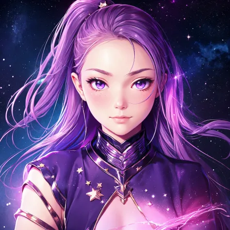 best quality,ultra-detailed,realistic,lovely face,ponytail,purple,stars,nebula,cheeky look,starry eyes,blush cheeks,portrait,painting,soft colors,subtle lighting