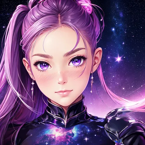 best quality,ultra-detailed,realistic,lovely face,ponytail,purple,stars,nebula,cheeky look,starry eyes,blush cheeks,portrait,painting,soft colors,subtle lighting