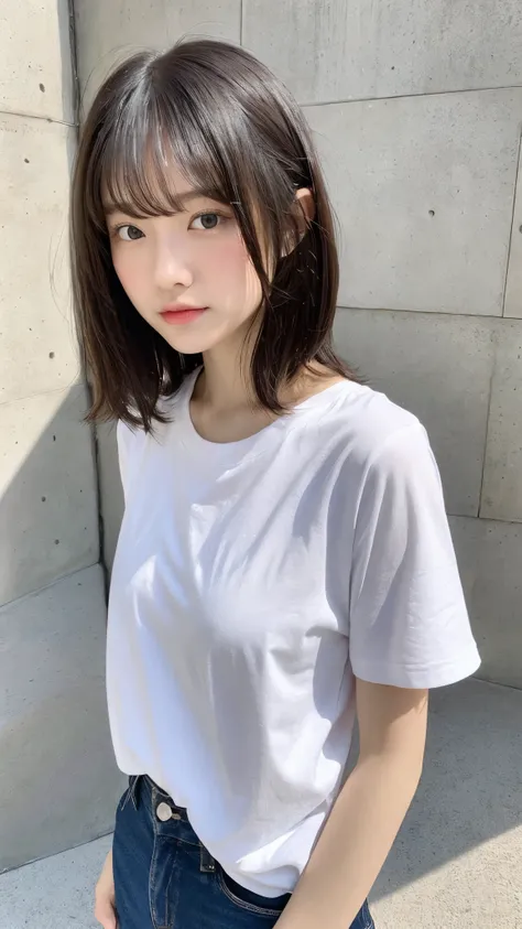 (top-quality、16K resolution)女の子1人、独奏、natural soft light、small tits、A Japanese Lady、Looking at the camera、white t-shirts、Concrete background、Facing the front、is standing、bobhair、Woman in her late teens、Light bangs、short-hair、Salon model、Natural look、portlat...