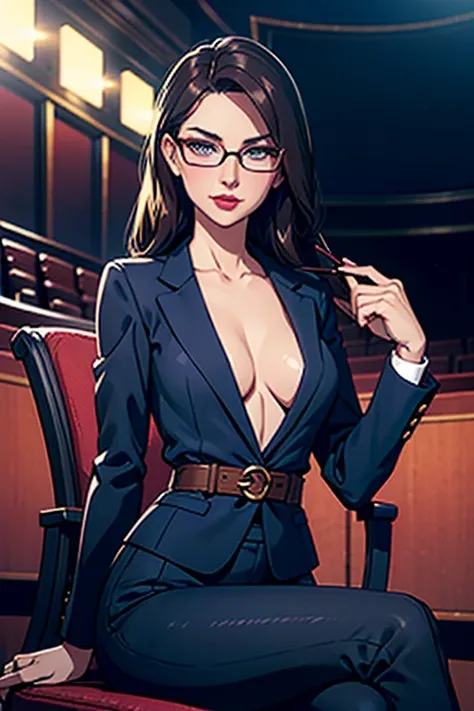 A beautiful woman, brunette, red lip, wears glasses, sexy teacher wearing a suit , blue eyes, in an University theater, Sit on a chair, Big chest, thin waist, tight clothing, naughty, Blushing, eYeliner, big eyelashes, seductive pose, in the dark , Lights ...