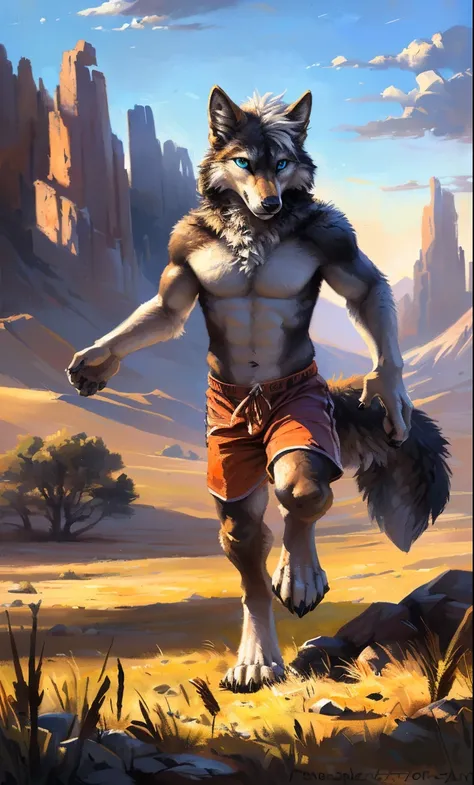 ((Solo)), male people, anthro wolf, (Multi-colored fur, White-brown:1.3，White tail pointed), (Height 2.1m,Tail length 1.2m), ((Wolf face, White hair, Big eyes, White eyelids, Blue pupil, Slim:1.2) (Tough, Calm expression:1.2)), Abs, Slim, pinging)), (Corre...