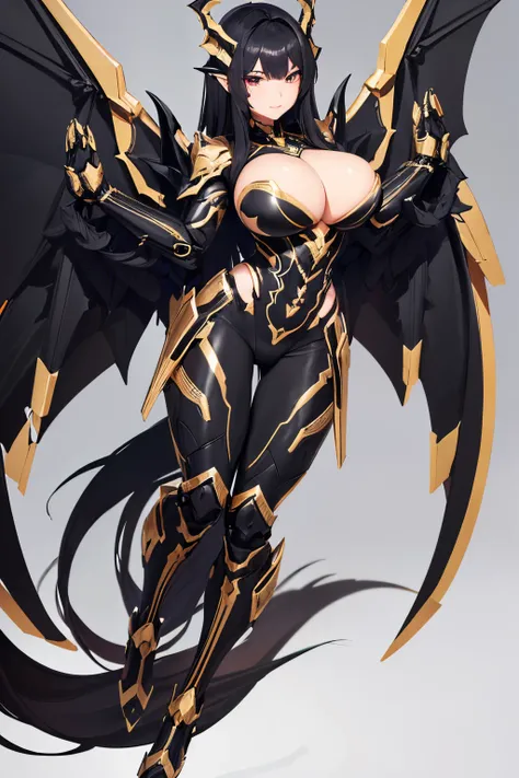 (dragon head), Huge fake, (Beautiful face), (black:1.2, golds:0.8, Mecha Armored Gear), ((Pair of huge mechanical wings)), Future Dragon Mecha Suit, (cleavage), (Skin Tight Yoga Pants), (Full body:1), (tall legs:1.2), front, (Standing:1), (Slender body), (...