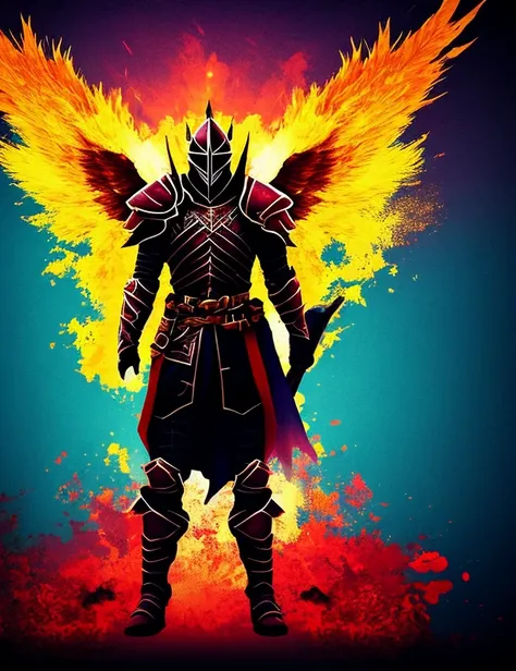 Pixel Black knight, background a bloody red sky. Dull armor. Give him wings