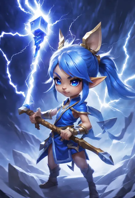 determined，Lightning surrounds，girl yordle，Blue double ponytail,With the legendary lightning hammer，white backgrounid。