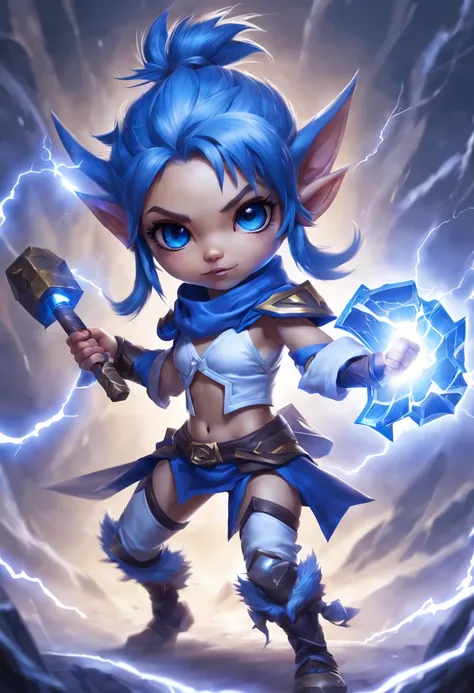 determined，Lightning surrounds，girl yordle，Blue double ponytail,With the legendary lightning hammer，white backgrounid。