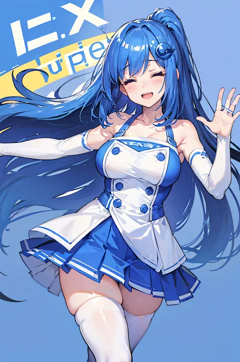 iechan, long blue hair, hair ornament, large breasts, bare shoulders, white elbow gloves, collarbone, side ponytail, white thighhighs, blue dress, pleated skirt, waving arm, simple background, eyes closed, happy, open mouth, very detailed hands that are no...