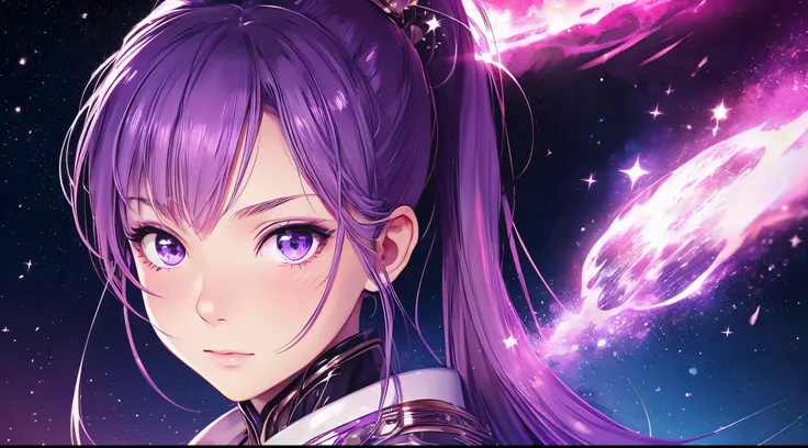 best quality,ultra-detailed,realistic,lovely face,ponytail,purple,stars,nebula,cheeky look,starry eyes,blush cheeks,portrait,painting,soft colors,subtle lighting