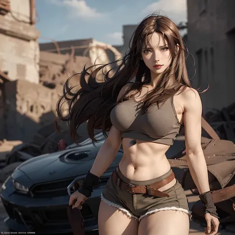 photo of 1girl enjinight as (tifa lockhart) solo, long dark ash brown hair, large breast, wide hips, official art, unity 8k wall...