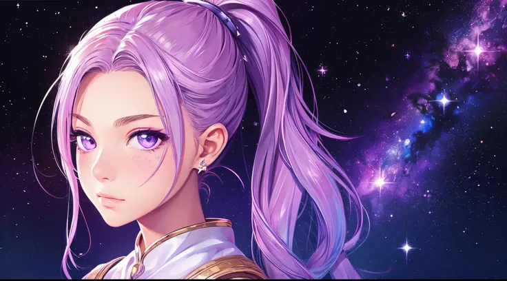 best quality,ultra-detailed,realistic,lovely face,ponytail,purple,stars,nebula,cheeky look,starry eyes,blush cheeks,portrait,painting,soft colors,subtle lighting