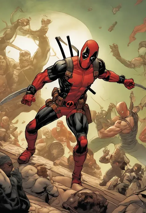 Deadpool having a dance-off with a group of aliens,Deadpool,Deadpool, the unconventional anti-hero from Marvel Comics, is known for his distinctive red and black suit, complete with a mask that covers his entire face, hiding his disfigured skin caused by a...