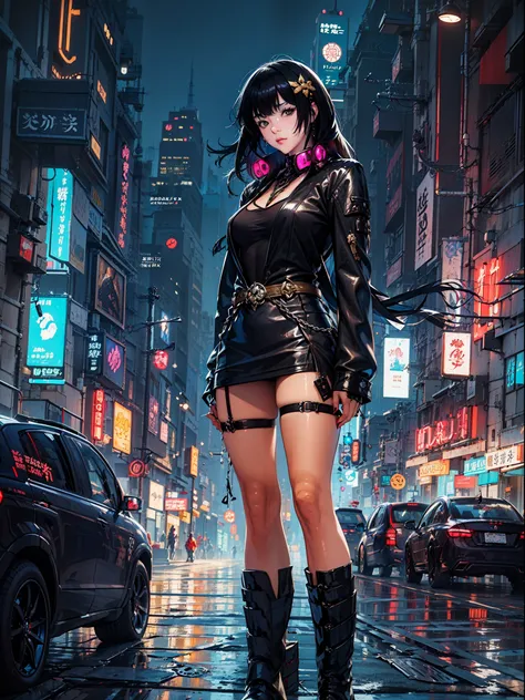 anime girl standing on city street in leather skirt and black erotic lingerie, long-haired ilya kuvshinov, guviz style artwork, ...