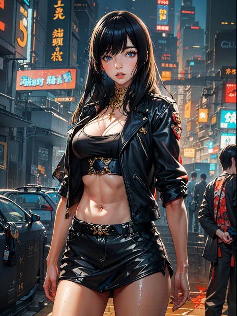 Anime girl standing on city street in leather skirt and black erotic lingerie, long-haired Ilya Kuvshinov, Guviz style artwork, anime art wallpaper 8 K, Guvitz on art station Pisif, Guwiz on Pisiv art station, cyberpunk anime art