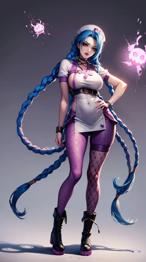 Jinx nurse，nurse hat，(White nurse costume)，Rose tattoo，big laughter，Blue twist braid，With a huge needle，The needle stands taller than a person。Runaway Lori，League of Legends ，de cuerpo completo，(kneehigh boots)),purpleish color，(fishnet leggings),(standing...