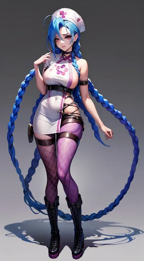 Jinx nurse，nurse hat，(White nurse costume)，Rose tattoo，big laughter，Blue twist braid，With a huge needle，The needle stands taller than a person。Runaway Lori，League of Legends ，de cuerpo completo，(kneehigh boots)),purpleish color，(fishnet leggings),(standing...