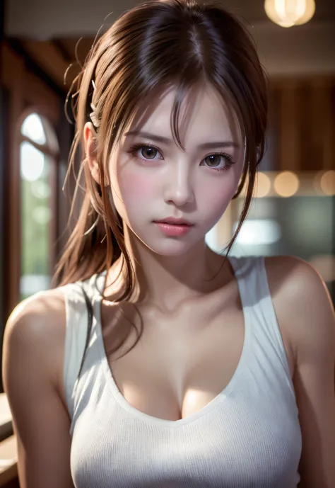 8K, of the highest quality, masutepiece:1.2), (Realistic, Photorealsitic:1.37), of the highest quality, masutepiece, Beautiful young woman, Pensive expression, Sweet look, Sexy white shirt、Hair tied back, Messy mood, Cinematic background, Light skin tone