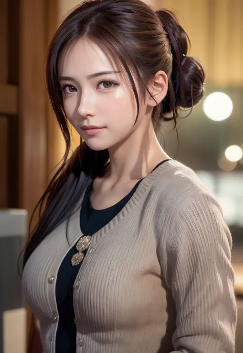 8K, of the highest quality, masutepiece:1.2), (Realistic, Photorealsitic:1.37), of the highest quality, masutepiece, Beautiful young woman, Pensive expression, Sexy smile, Stylish outfit, Hair tied back, Messy mood, Cinematic background, Tired, Light skin ...