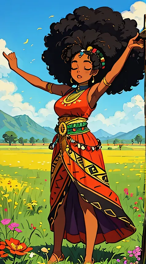 Black Girl ,African girl,afro hair,eyes closed,meditation,African traditional zulu dress,standing with outstretched arms,relaxed,bliss freedom,outdoor landcsacape,beautiful grass field and flowers,aesthetic,otdoor