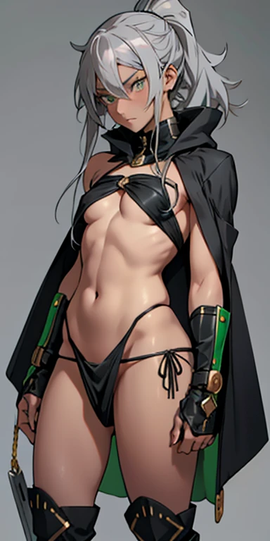 anime image of a girl with gray hair and a gray cape, green colored eyes, Girl in revealing clothes, rogue anime girl, pin on anime, long gray robe, gold edging, little chest, bare breast, bare thighs, no panty, loincloth, knee boots, dark-skin, loli, assa...