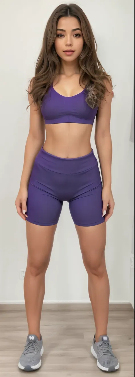 Arafida woman in a purple sports bra and matching purple shorts, Corte Yoga Curto, sport bra and shorts, pernas tonificadas, lacuna na coxa, athletic shorts, mulher curta robusta, Coxas!!!, Coxas!!!!!!, sport shorts, de bermuda, Coxas, cropped vermelho yog...