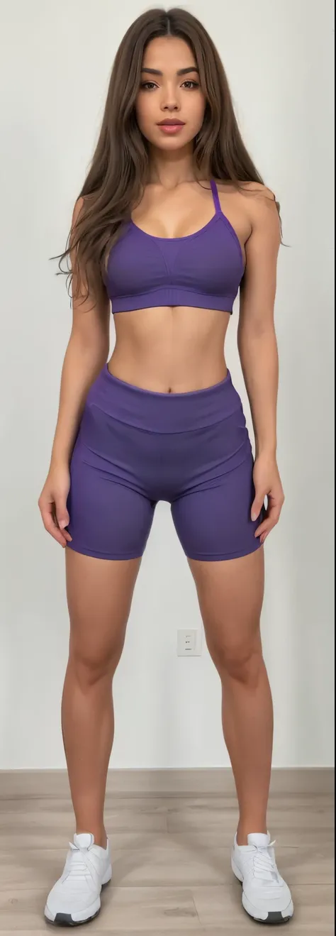 Arafida woman in a purple sports bra and matching purple shorts, Corte Yoga Curto, sport bra and shorts, pernas tonificadas, lacuna na coxa, athletic shorts, mulher curta robusta, Coxas!!!, Coxas!!!!!!, sport shorts, de bermuda, Coxas, cropped vermelho yog...