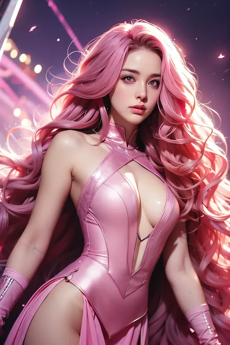 Woman, long curly hair, pink hair, eyes, combat outfit, medieval, magical background, powers, sexy, highlighted eyes