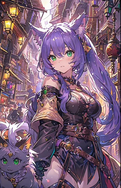 masterpiece, highly detailed, concept art, medium shot, anime style, (catgirl:1.4), cat ears, (heterochromia eyes:1.2), (violet and green multi-colored ponytail hair), cute, Leather outfit, fantasy theme, bustling medieval market background, epic compositi...