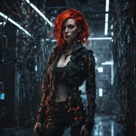 a woman with red hair, in a cybernetic style, with a dark face, with loose android cables, in a dark and terrifying modern envir...