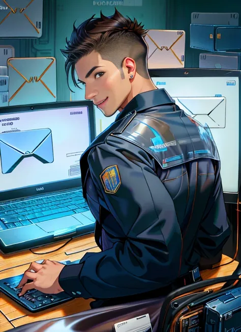 behind view, superrealista, superdetallado, latino, email icons on computer, Lenguaje corporal de liderazgo, Perfect anatomy, hombre  joven, descalzo, cuerpo delgado muy delgado, detailed muscles, latino, Sonrisa oculta, Peaceful look, Bonita sonrisa, sitt...