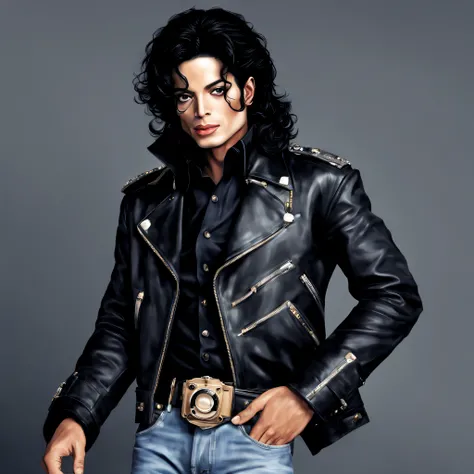 Michael Jackson, with a very handsome face, has no hair on his face, just the skin on his face, curved eyebrows, with a hole in his chin, thin nose, half-angled, half-oval face, long, curly black hair, with a camera in his hand to take photo, stylized phot...