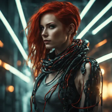 A woman with red hair, in a cybernetic style, with a dark face, with loose Android cables, in a dark and terrifying modern environment, with a hyper realism style detailed with 8k