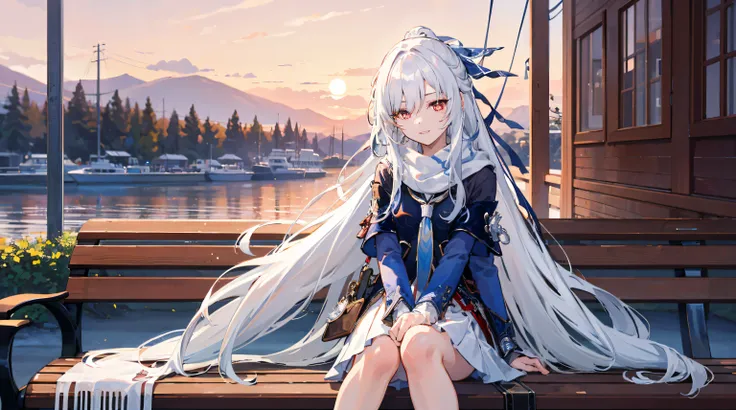 1girl, Best Quality 8K, 1girl, white hair, red eyes, whte dress, white skirt, white sailor collar, white scarf, sitting on bench, hands on the lap, blue sky, sunset, outdoors, smile. look at viewers,