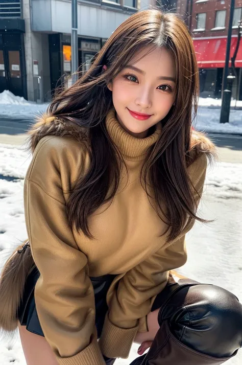 (masutepiece:1.3, Photorealsitic:1.4, 8K), top-quality, ​masterpiece, 超A high resolution, Perfect dynamic composition, Highly detailed skin and facial texture:1.3, A detailed eye, Detailed limbs, Snow flutters:1.2, Street corner in snowy country:1.2, 1girl...