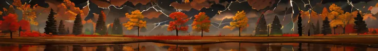 autumn landscape, trees, dark sky, cloudy, storm incoming, path in the foreground, sideview, path from right to left, realistic