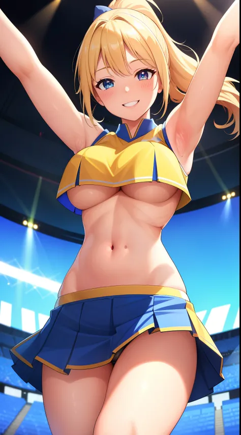 (best quality:1.5, highres, UHD, 4K, detailed lighting, shaders, perfect anatomy), blonde ponytail, busty, cheerleader outfit, belly, skirt lift, crotch, smiling, (pov), stadium background, armpits, hands up, shirt lift, underboobs, sexy