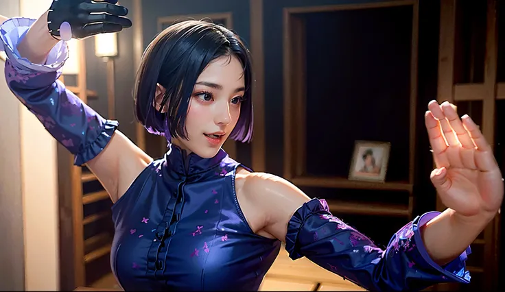 sleeveless、bare hand、A dark-haired、Lolita、A smile、20yr old、((top-quality)), ((​masterpiece)), (high-detail:1.3), 。.。.。.。.3D, Beautiful fece , blue-purple clothes、qipao dress