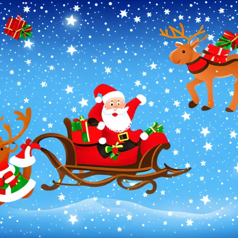 Xmas,Cute Santa Claus,Christmas,reindeer,Santa Claus on a reindeer sleigh,Flying in the night sky,