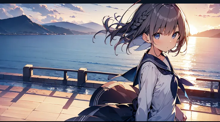 masutepiece, Best Quality,Illustration, Wallpaper, Ultra Detail, absurderes, 1girl in, Solo, (Medium short hair、short braided hair), Beautiful detailed eyes, beautiful detailed fingers,after rain , (ocean type:1.3), Sunset sky after rain、Hair that flutters...