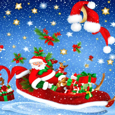 Xmas,Cute Santa Claus,Christmas,reindeer,Santa Claus on a reindeer sleigh,Flying in the night sky,