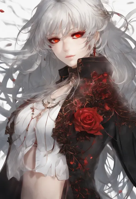 ((masutepiece,Best Quality)),1girl in,Beautiful detailed eyes, Detailed face, (Full body:1.2), White long hair, Red Eyes,Small sized breasts, (Black background:1.2), bloody particles, Shaded face