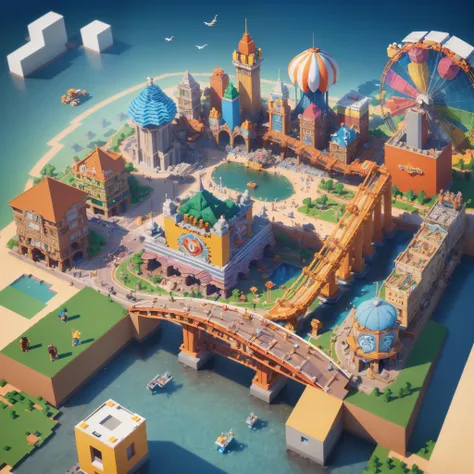 (Isometric Perspective: 1.5), (Pixar Style: 1.2), Amusement Park, Ferris Wheel, Circus, monkey, lion, tiger, flag, multimorph model game asset, pixel art, minecraft, LEGO style, tilt displacement, IP, blender , OC render, best quality, 4k, super detail --v...