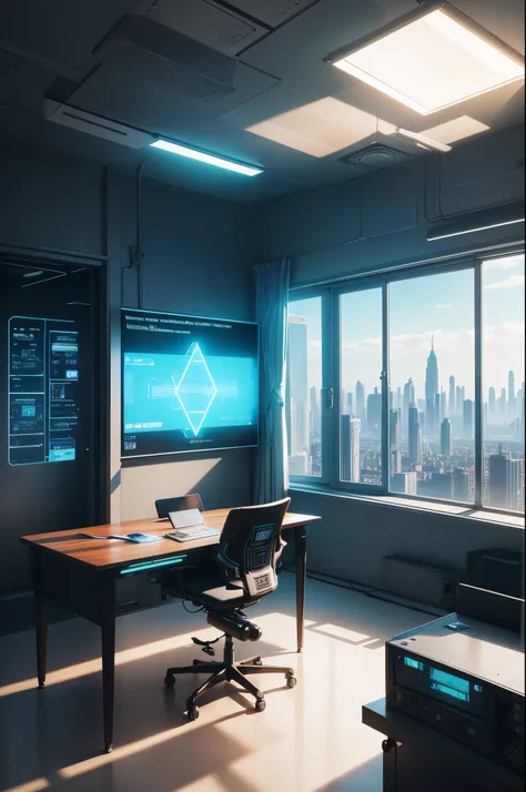 best quality, futuristic, sci-fi nature, abandoned classroom, holographic desks and chairs, fluorescent lighting, neon signs, holographic blackboard, high-tech equipment, floating books, virtual reality headset, cyberpunk atmosphere, glowing computer scree...