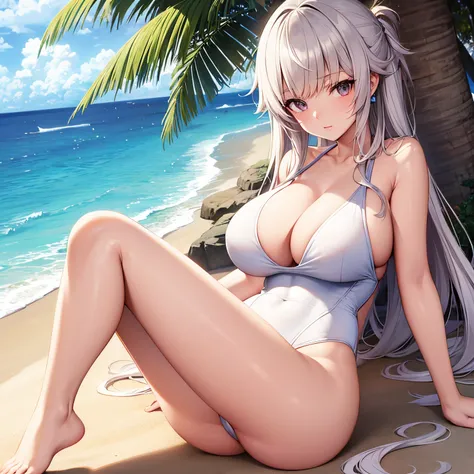 alisa,Trail of Inspiration,White One Piece Swimsuit,sand beach,１a person,Colossal tits,pareo