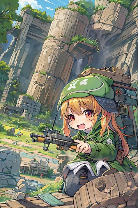 huge-breasted、kawaii、8 years old girl、A huge smile on my face,Chibi, beautiful anime scene, Anime landscapes, Anime Background, Beautiful anime scenery, Beautiful peace scenes in anime, Huge assault rifle