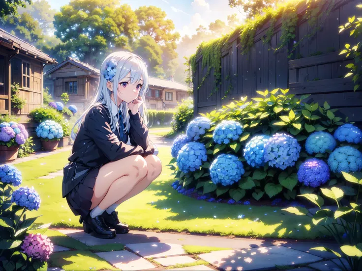 1 cute girl, looking hydrangea , squatting , sunlight, cinematic lighting, face focus , after rain , high resolution,(incredibly absurdres) ,extremely detailed CG unity 8k wallpaper, ((masterpiece)), ((top-quality)), (beautiful illustration,background Tent...