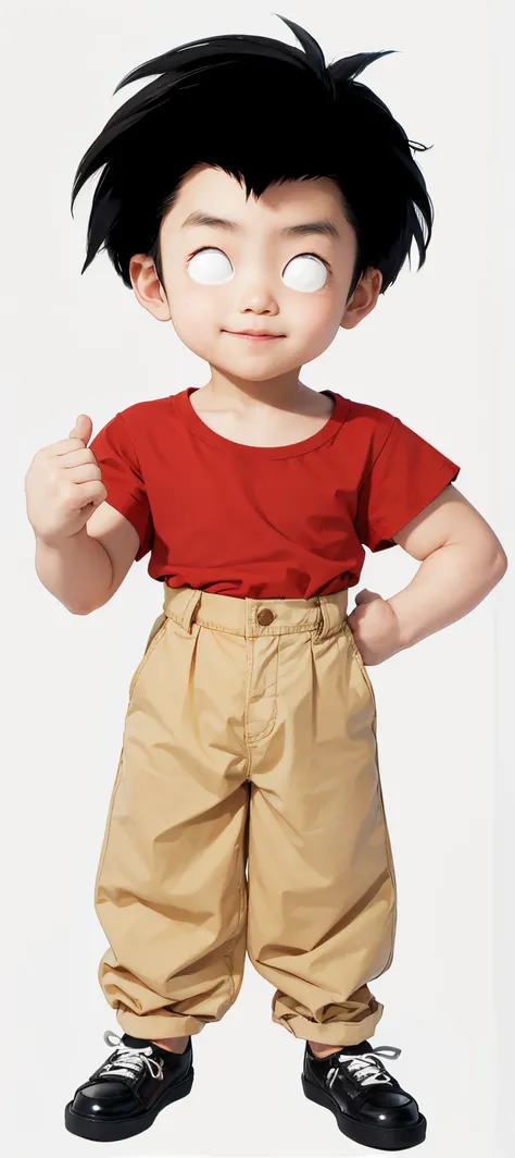 Japanese Grown man, wearing a red shirt and blond pants, black footwear, Black hair