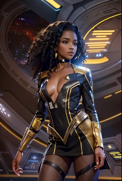 ((21-year-old))), black girl, (((light skin))), (((full body pose))),  (((long curly black hair))), (((wearing Star trek uniform dress, pantyhose, and heels))), (((holding a phaser))), (((metal choker))), (((starship scene))), scifi fantasy, Rich, Deep Col...