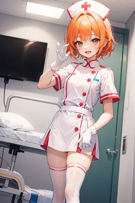 1girl, solo, nurse, nurse cap, white wear, ((white legwear, zettai ryouiki)), white gloves, very short hair, orange hair, smile, open mouth, standing, ((hospital room)), sharp outline, short sleeves, tomboy, boyish, best quality, masterpiece