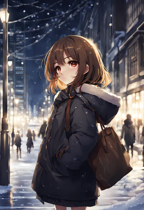 masterpiece, best quality, 1girl in city, hloding bag, looking at viewer, winter clothes, cute, solo, brown hair, brown eyes, pixiv, depth of field, night